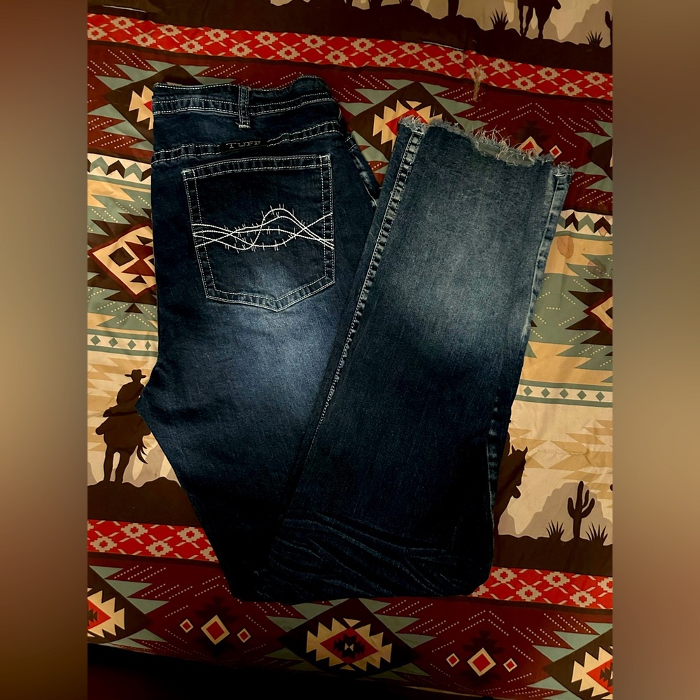 Distressed Blue Jeans with Barbed Wire Design
